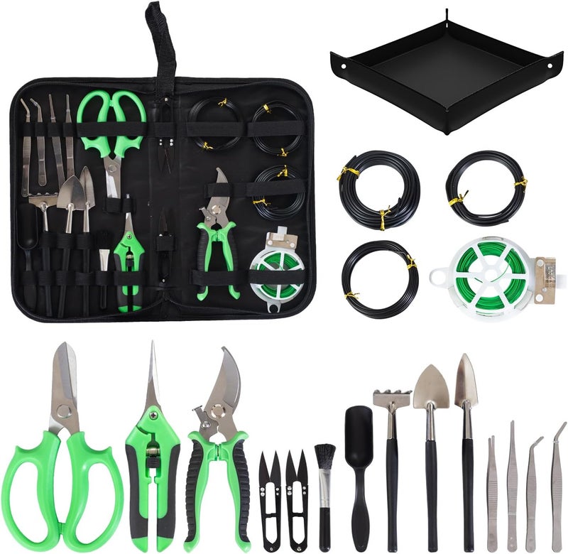 Inntop Bonsai Tools Kit 20 Pcs Garden Tools Set for Starters, Gardening Gifts for Women Men Includes Bonsai Wire Kit, Plant Mat, Pruning Shears, Bonsai Scissors, Succulent Tools in Leather Storage Bag - Image 1